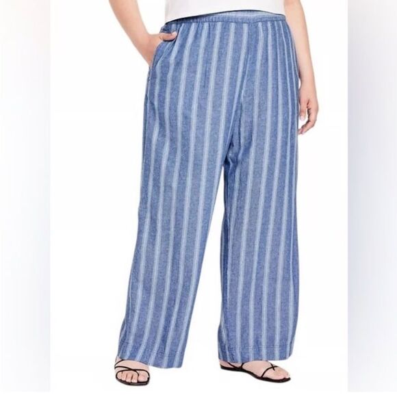 OLD NAVY high waist Linen coastal blue Stripe Wide Leg pull on plus pants XXL - Picture 1 of 11